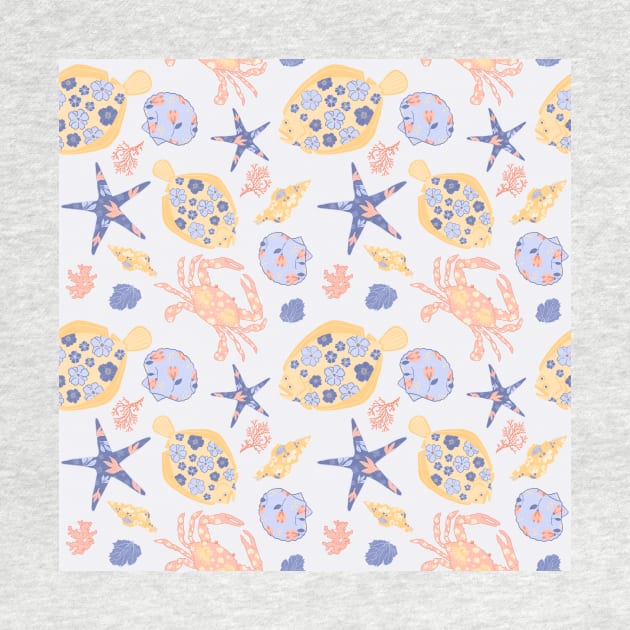A nautical pattern of flounders, crabs, shells, coral, and starfish by dumbbunnydesign